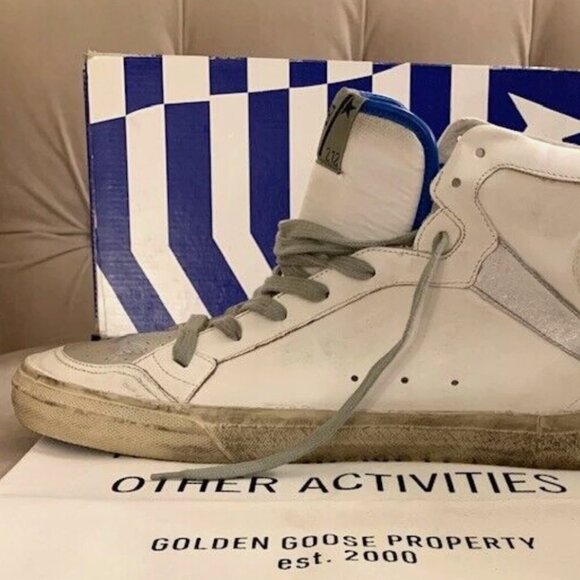 GOLDEN GOOSE MEN 2.12 RED STAR HIGH TOP SNEAKERS SHOES, WHITE SILVER, SZ 46 NIB! - Picture 5 of 13